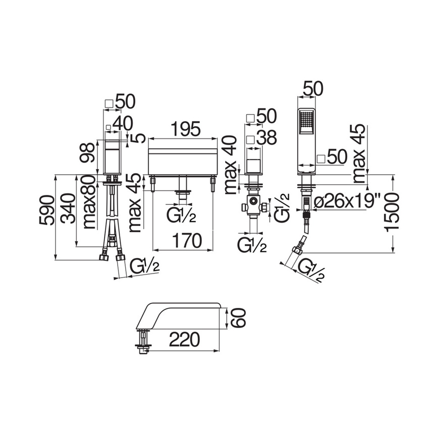 Immagine di Nobili LOOP miscelatore monocomando per bordo vasca con bocca a cascata, deviatore a 2 vie e doccetta monogetto estraibile, finitura cromo WEBK110/9LPCR
