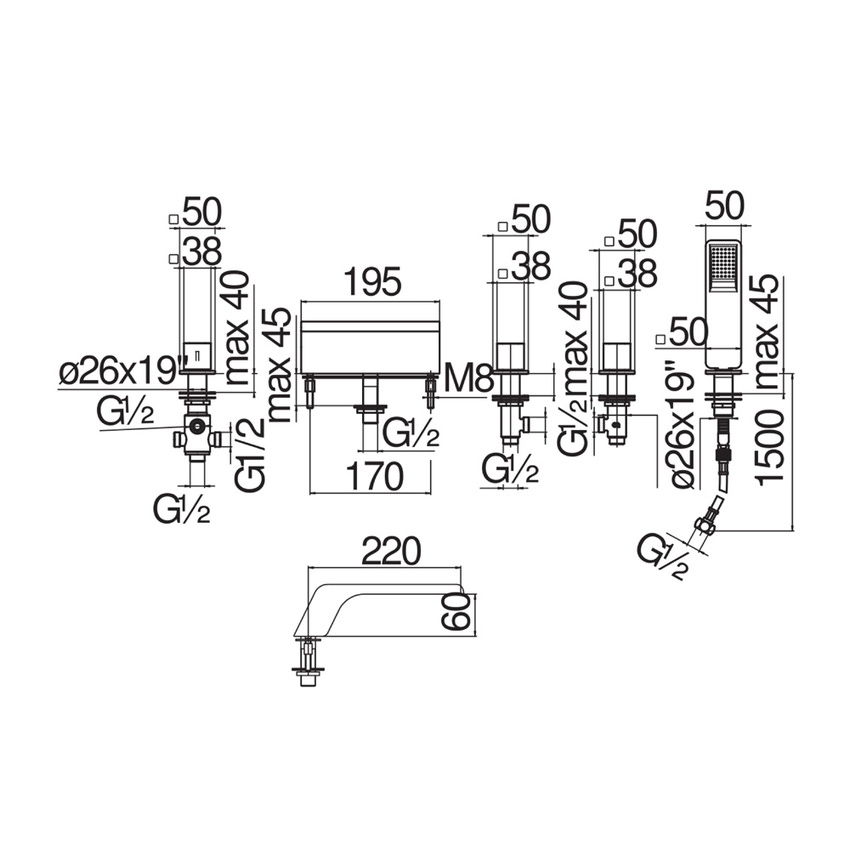 Immagine di Nobili LOOP batteria 5 fori per bordo vasca, con deviatore a 2 vie, bocca a cascata e doccetta monogetto, finitura cromo WEBK204/LPCR