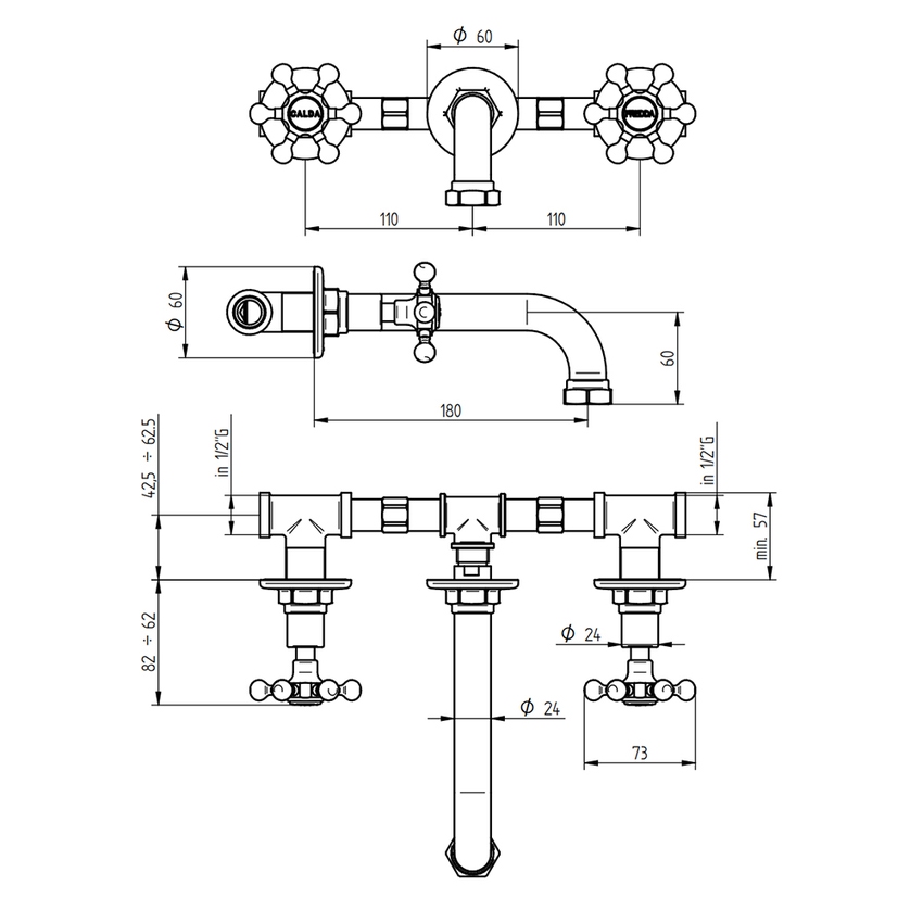 Immagine di Bellosta BRUSIN+ rubinetteria lavabo a parete P.18 cm, senza scarico, senza corpo incasso, finitura cromo 01-5705/6/E