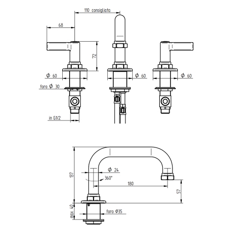 Immagine di Bellosta BRUSIN- rubinetteria lavabo, H.14 cm, 3 fori, bocca girevole, senza scarico, finitura cromo 01-5705/4/BL/S