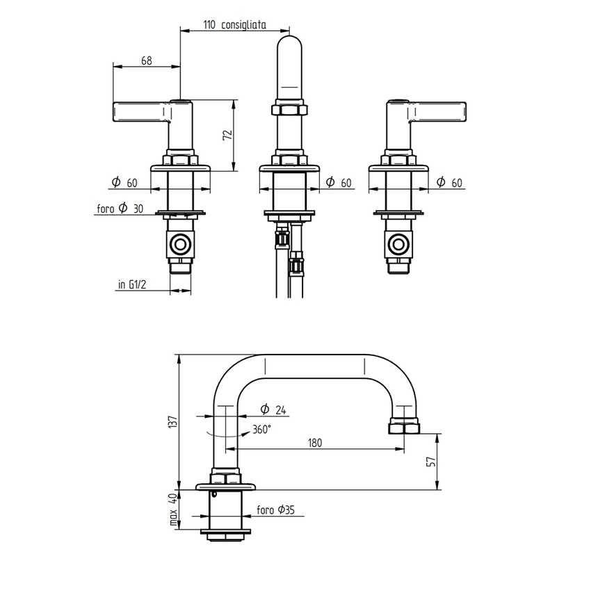 Immagine di Bellosta BRUSIN- rubinetteria lavabo, H.14 cm, 3 fori, bocca girevole, senza scarico, finitura cromo 01-5705/4/BL/S