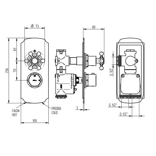 Immagine di Bellosta BRUSIN+ miscelatore, con termostatico, a incasso, 1 uscita, senza corpo incasso, finitura cromo 01-5712/K/E