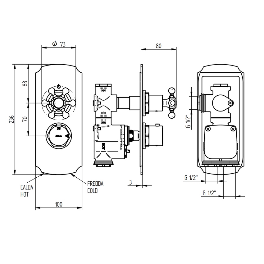 Immagine di Bellosta BRUSIN+ miscelatore, con termostatico, a incasso, 1 uscita, senza corpo incasso, finitura cromo 01-5712/K/E