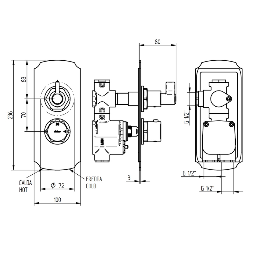 Immagine di Bellosta BRUSIN- miscelatore, con termostatico, a incasso, 1 uscita, senza corpo incasso, finitura cromo 01-5712/KL/E