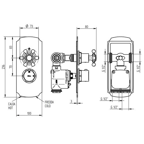 Immagine di Bellosta BRUSIN+ miscelatore, con termostatico, a incasso, con deviatore, 2 uscite, senza corpo incasso, finitura cromo 01-5712/2K/E