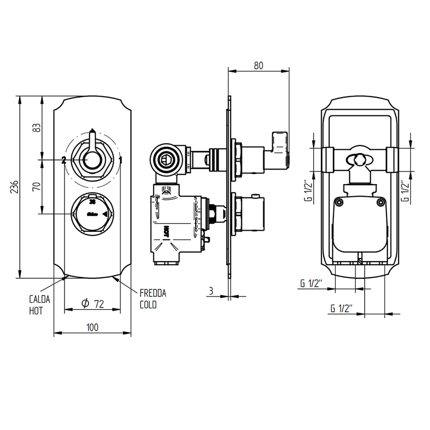 Immagine di Bellosta BRUSIN- miscelatore, con termostatico, a incasso, con deviatore, 2 uscite, senza corpo incasso, finitura cromo 01-5712/2KL/E