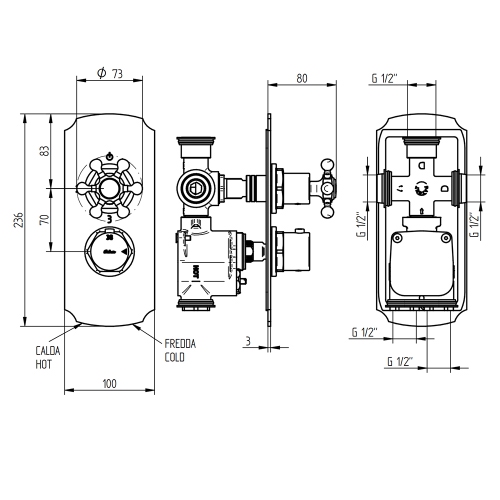 Immagine di Bellosta BRUSIN+ miscelatore, con termostatico, a incasso, con deviatore, 3 uscite, senza corpo incasso, finitura cromo 01-5712/3K/E