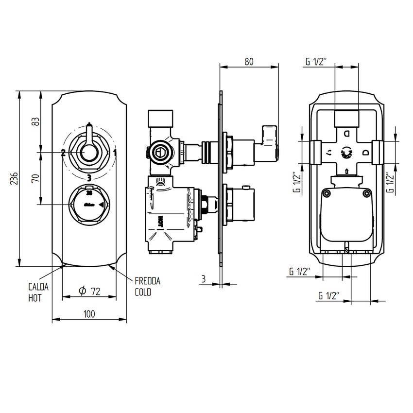 Immagine di Bellosta BRUSIN- miscelatore, con termostatico, a incasso, con deviatore, 3 uscite, senza corpo incasso, finitura cromo 01-5712/3KL/E