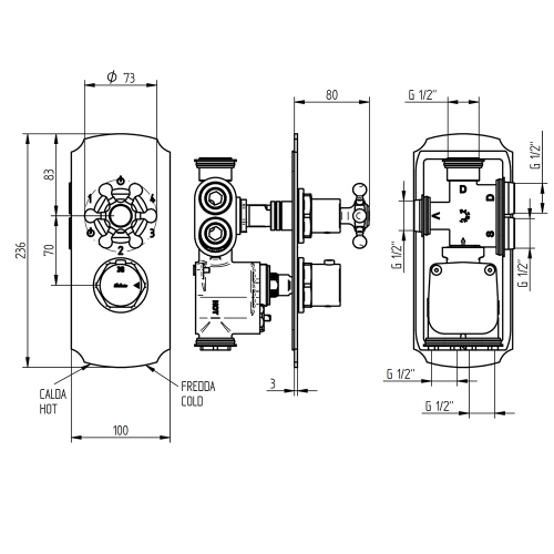 Immagine di Bellosta BRUSIN+ miscelatore, con termostatico, a incasso, con deviatore, 4 uscite, senza corpo incasso, finitura cromo 01-5712/4K/E