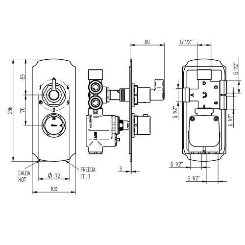 Immagine di Bellosta BRUSIN- miscelatore, con termostatico, a incasso, con deviatore, 4 uscite, senza corpo incasso, finitura cromo 01-5712/4KL/E