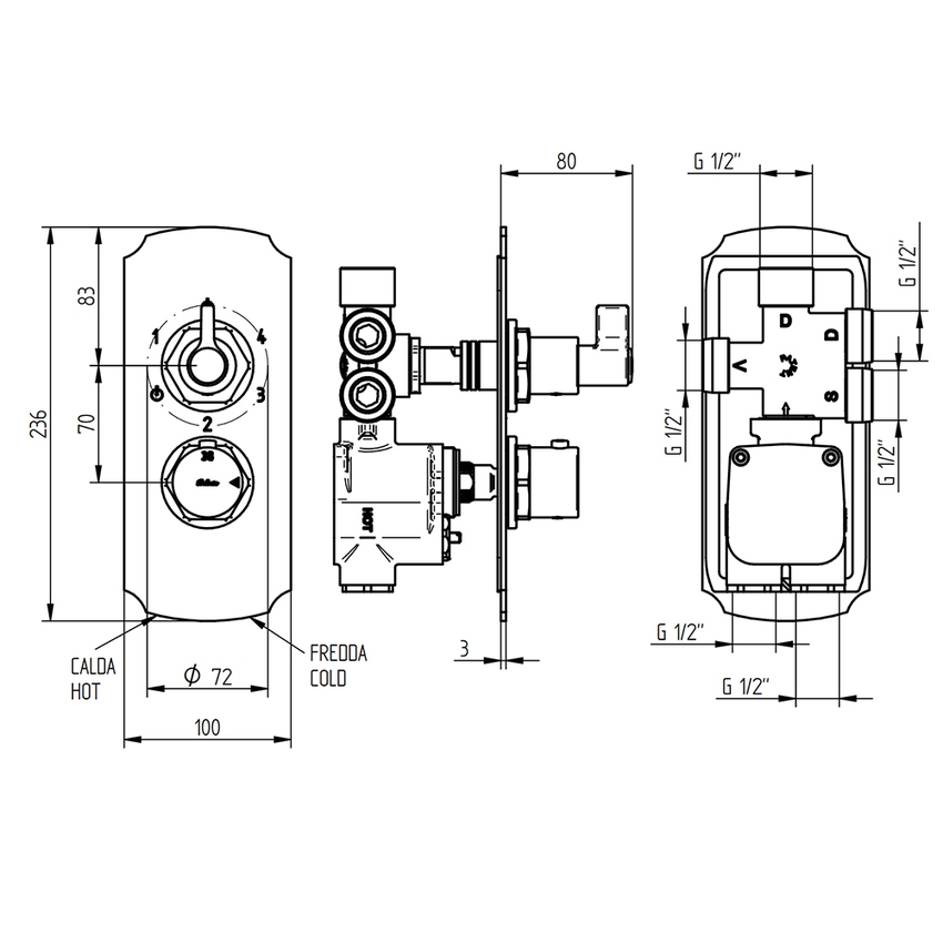 Immagine di Bellosta BRUSIN- miscelatore, con termostatico, a incasso, con deviatore, 4 uscite, senza corpo incasso, finitura cromo 01-5712/4KL/E