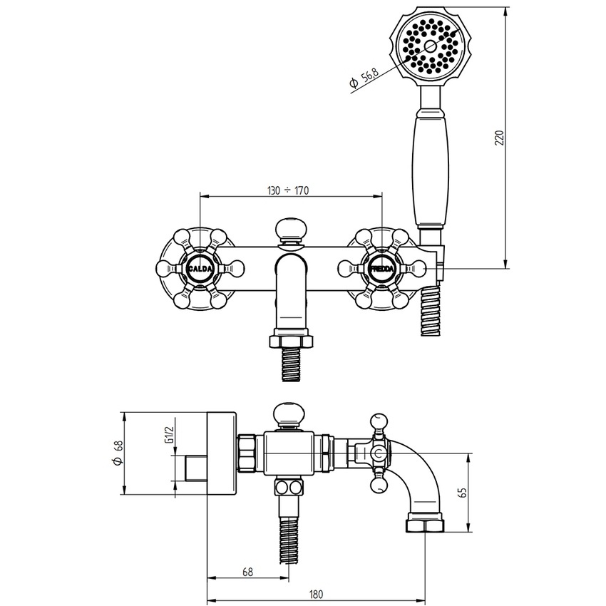 Immagine di Bellosta BRUSIN+ set rubinetteria vasca esterno, con deviatore, con docetta monogetto, flessibile 150 cm, finitura cromo 01-5701/A1