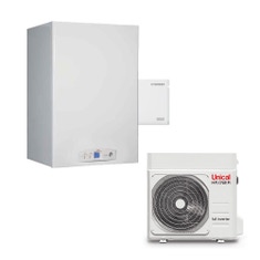 Immagine di Unical HYBREER 3 KON B 28 HP 90 sistema ibrido per riscaldamento/raffrescamento, con bollitore, completo di caldaia murale a condensazione e pompa di calore aria-acqua 00377537