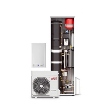 Immagine di Unical HYBREER SLIMs KON 24 HP 70 sistema ibrido per riscaldamento/raffrescamento e A.C.S, collegabile direttamente a pannelli solari (versione preassemblata) 00377101d1