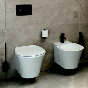 Immagine di Ideal Standard CONNECT AIR set sanitari sospesi, vaso AquaBlade® con sedile a sgancio rapido, con discesa rallentata, bidet monoforo con troppopieno, colore bianco finitura lucido E233501-E008701