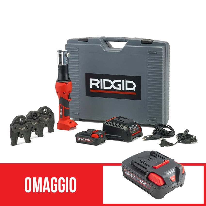 Immagine di Ridgid RP 219 Pressatrice a batteria completo di ganasce V 15-18-22 mm, caricabatterie veloce da 230 V, e cassetta di trasporto + omaggio batteria 2.5 Ah 18 V Li-Ion 69088+56513
