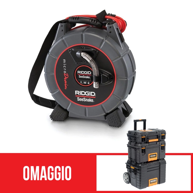 Ridgid Ruota microDrain D65S per SeeSnake (PAL), cavo 20 m per tubazioni da  1 1/4 a 4 (32-110 mm) + omaggio cassetta portautensili professionali