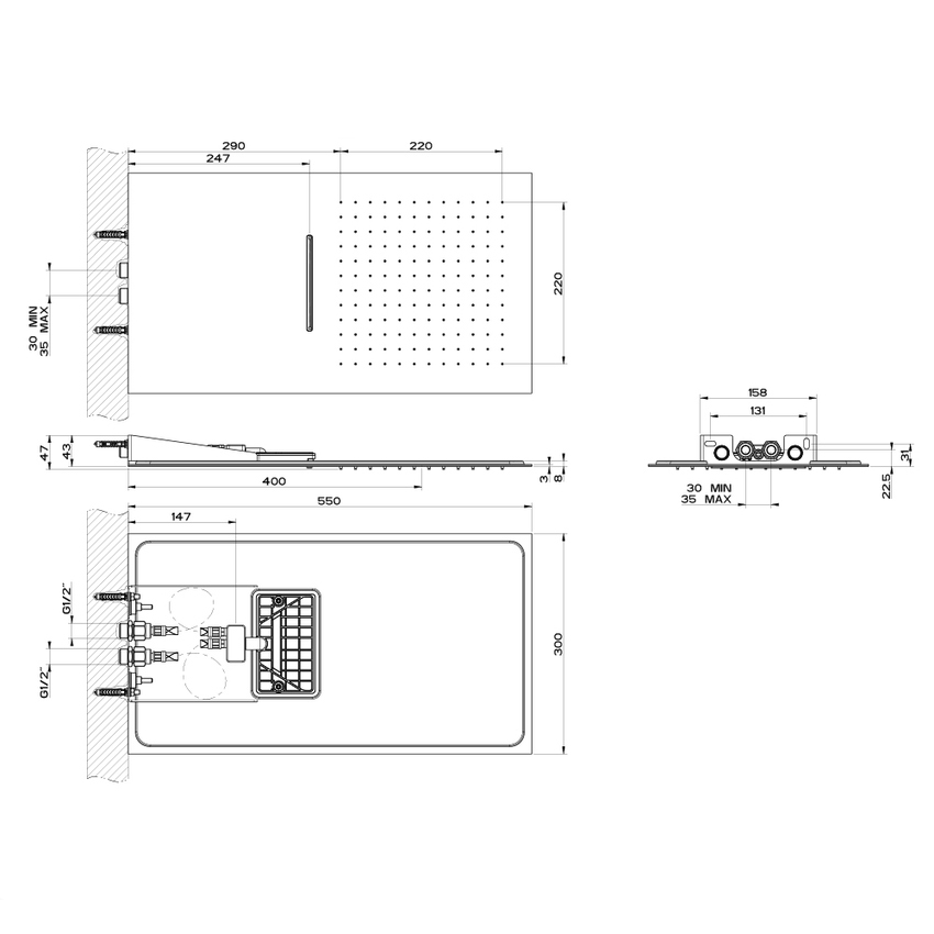 Immagine di Gessi TREMILLIMETRI Sistema doccia QUADRO 300 multifunzione PIOGGIA/CASCATA per fissaggio a parete da abbinare a comando remoto due uscite (non incluso), finitura steel brushed 33083#239