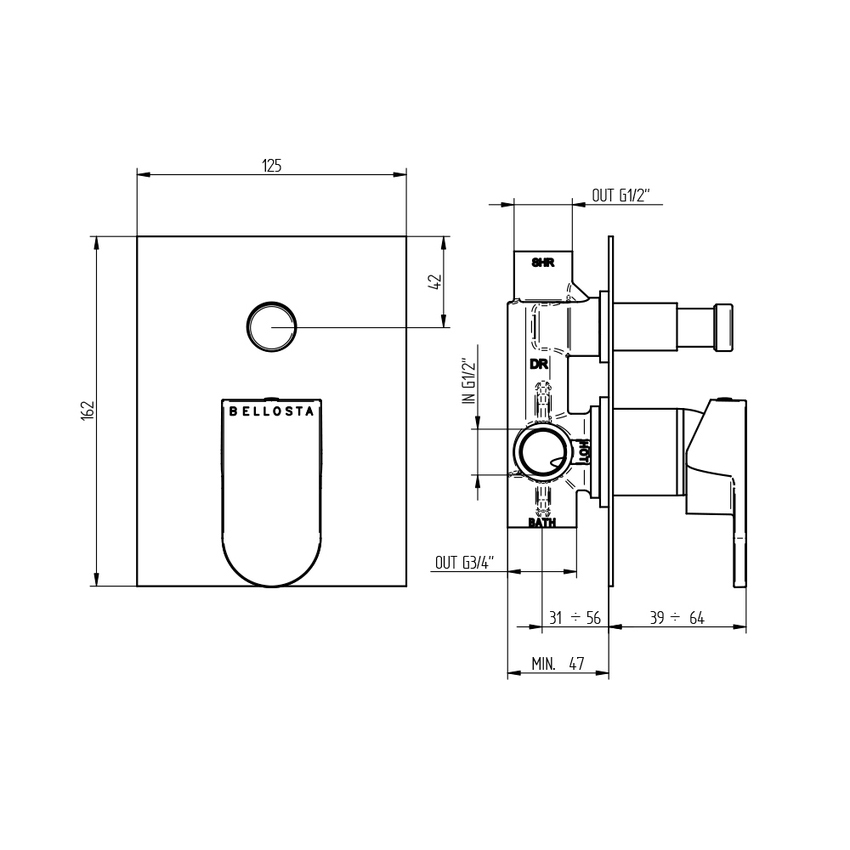 Immagine di Bellosta SOGNO miscelatore doccia ad incasso, con deviatore a 2 uscite, senza corpo incasso, finitura cromo 01-7000/E