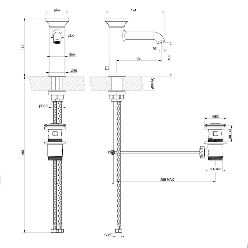 Immagine di Gessi ORIGINI miscelatore lavabo H.17 cm, con scarico, finitura black XL 66001#299
