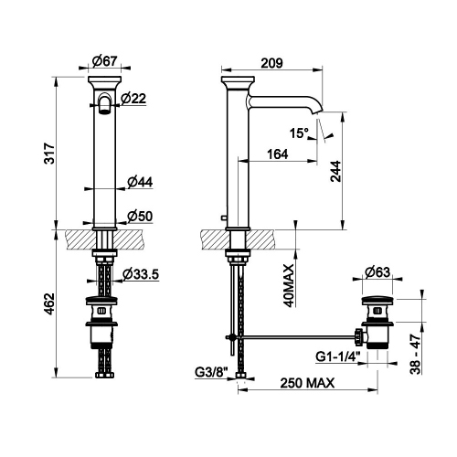 Immagine di Gessi ORIGINI miscelatore lavabo H.32 cm, con scarico, finitura finox brushed nickel 66003#149