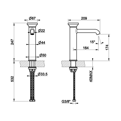 Immagine di Gessi ORIGINI miscelatore lavabo H.25 cm, senza scarico, finitura warm bronze brushed PVD 66006#726