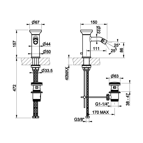 Immagine di Gessi ORIGINI miscelatore bidet, con scarico, finitura finox brushed nickel 66007#149