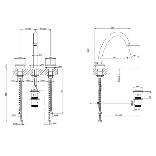 Immagine di Gessi ORIGINI gruppo lavabo 3 fori, bocca H.24 cm, con scarico, finitura finox brushed nickel 66013#149