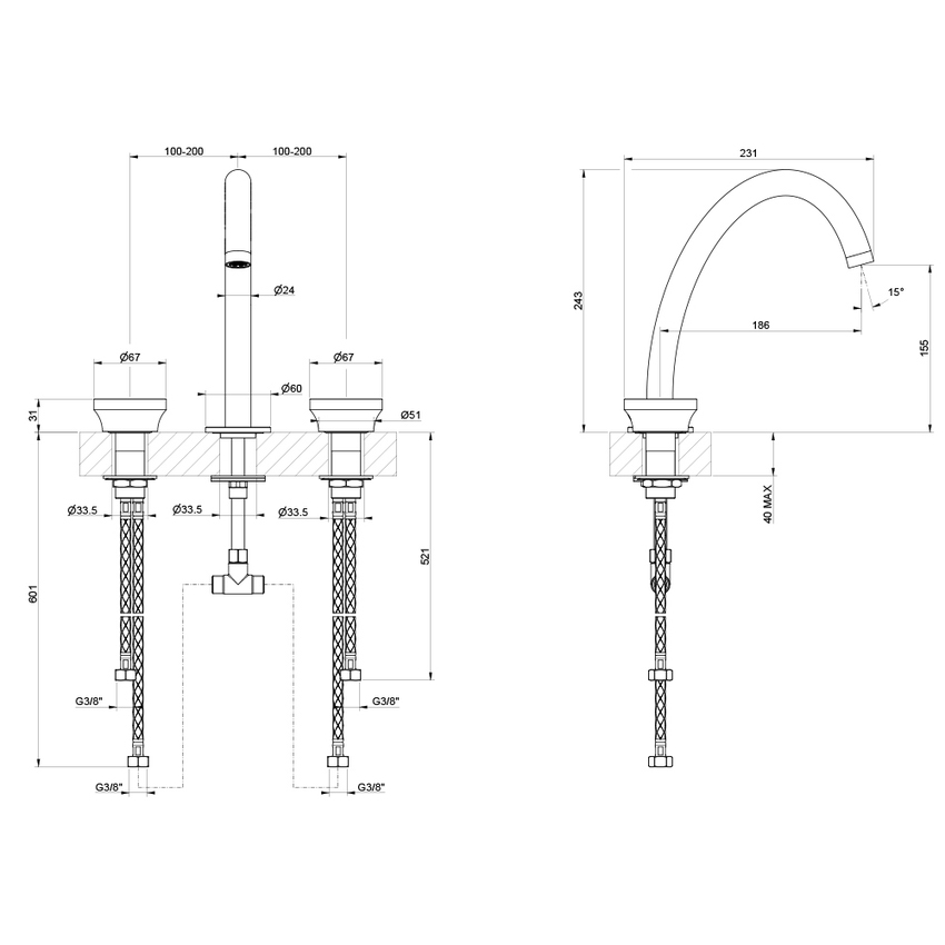Immagine di Gessi ORIGINI gruppo lavabo 3 fori, bocca H.24 cm, senza scarico, finitura finox brushed nickel 66014#149