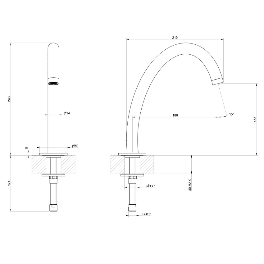 Immagine di Gessi ORIGINI bocca per lavabo H.24 cm, finitura finox brushed nickel 66021#149