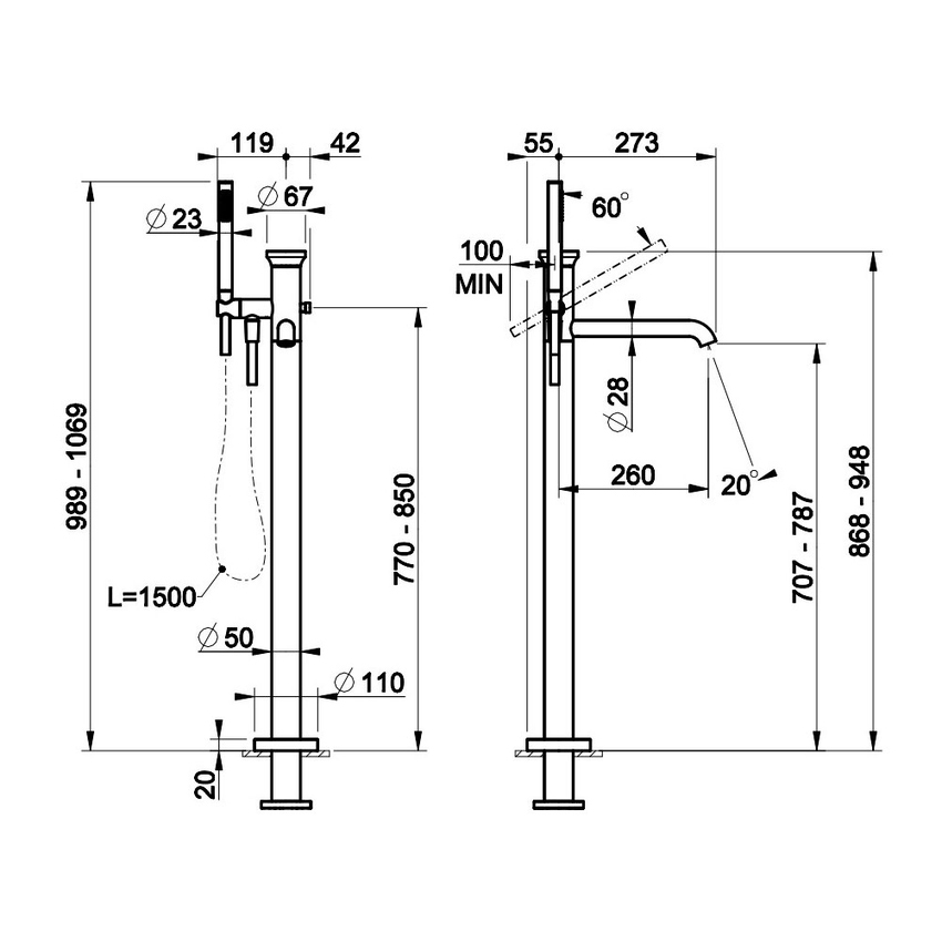 Immagine di Gessi ORIGINI miscelatore vasca da terra, senza corpo incasso, finitura finox brushed nickel 66028#149