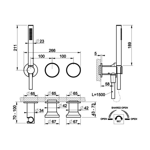 Immagine di Gessi ORIGINI miscelatore doccia a parete, a due vie, con doccetta, senza corpo incasso, finitura finox brushed nickel 66036#149