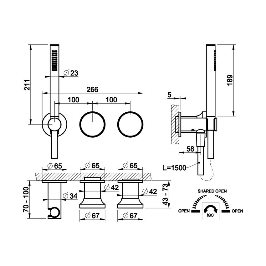 Immagine di Gessi ORIGINI miscelatore doccia a parete, a due vie, con doccetta, senza corpo incasso, finitura finox brushed nickel 66036#149