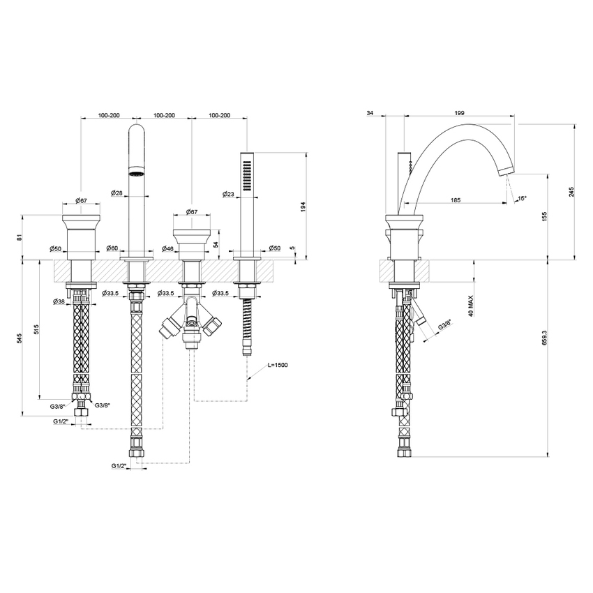 Immagine di Gessi ORIGINI gruppo bordo vasca 4 fori, con bocca, doccetta e deviatore, finitura finox brushed nickel 66037#149