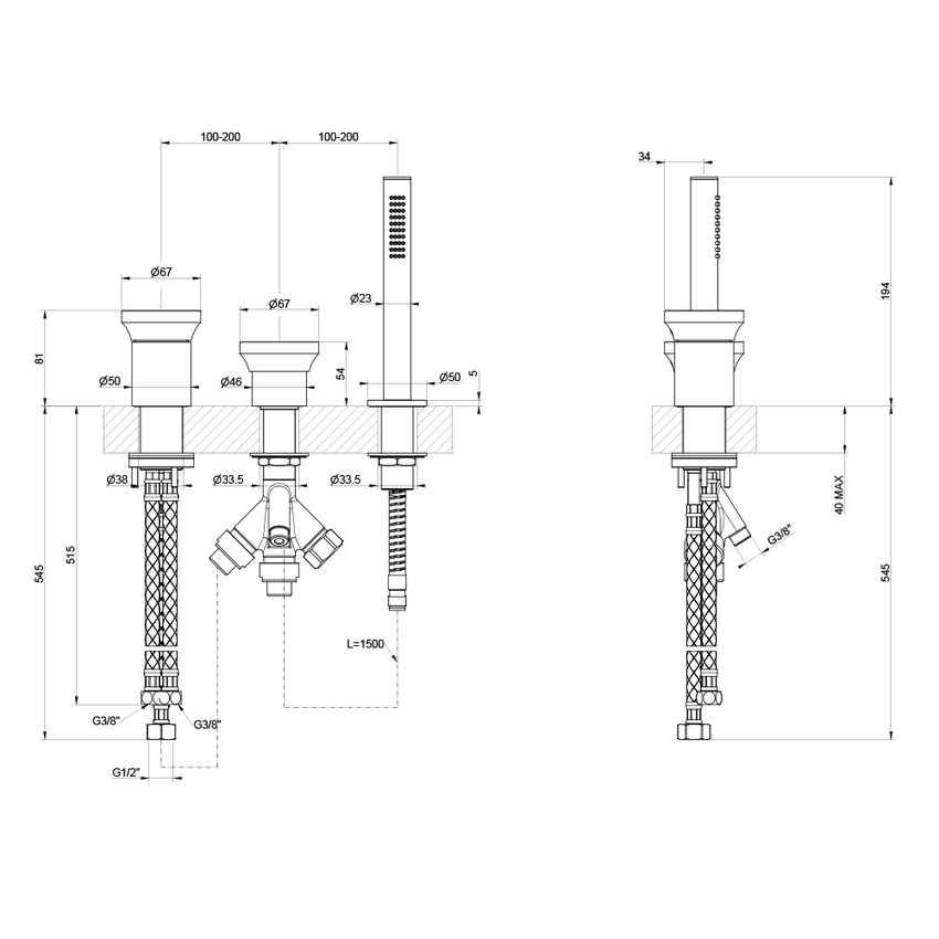 Immagine di Gessi ORIGINI gruppo bordo vasca 3 fori, con doccetta e deviatore, finitura finox brushed nickel 66043#149