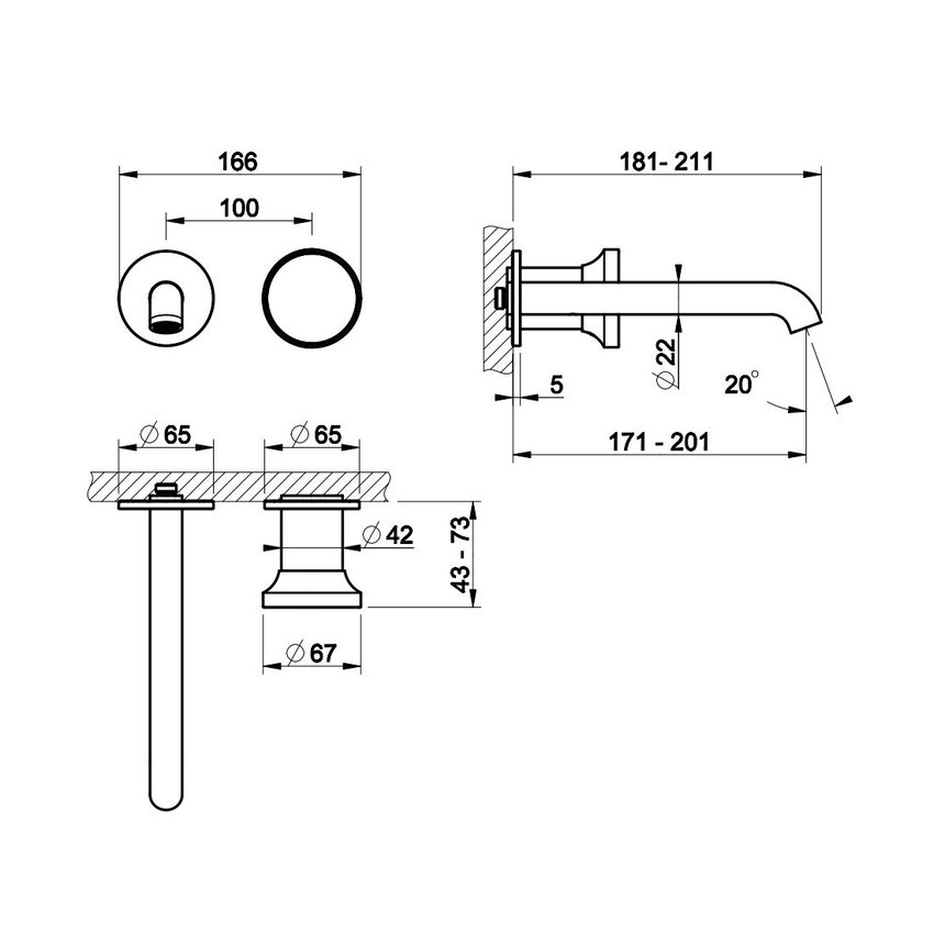 Gessi Origini Miscelatore Lavabo Fori A Parete Senza