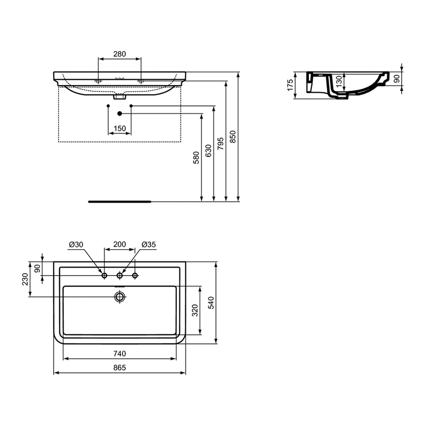 Immagine di Ideal Standard CALLA lavabo top L.87 cm, 3 fori per rubinetteria, con troppopieno, colore bianco finitura lucido E368901