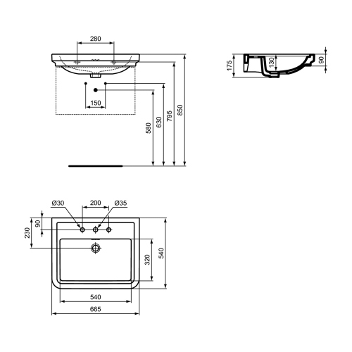 Immagine di Ideal Standard I.LIFE B struttura in metallo L.56 cm, a muro, colore nero finitura opaco, con lavabo CALLA L.67 cm, con troppopieno e 3 fori per rubinetteria, colore bianco, sifone per lavabo colore nero finitura opaco E2531XG+E368601+T4441XG