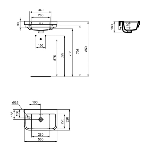 Immagine di Ideal Standard CALLA lavamani L.50 cm, con foro rubinetteria a sinistra, con troppopieno, colore bianco finitura lucido E223301