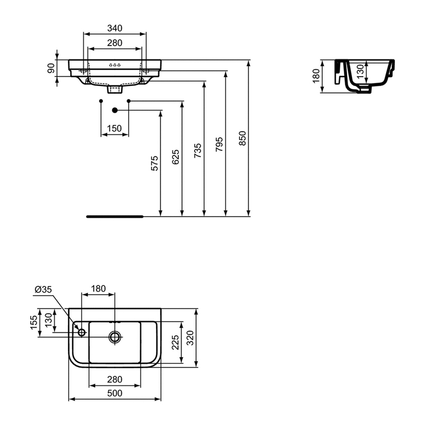 Immagine di Ideal Standard CALLA lavamani L.50 cm, con foro rubinetteria a sinistra, con troppopieno, colore bianco finitura lucido E223301