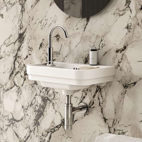 Immagine di Ideal Standard CALLA lavamani L.50 cm, con foro rubinetteria a sinistra, con troppopieno, colore bianco finitura lucido E223301