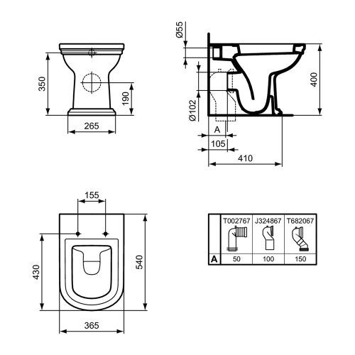 Immagine di Ideal Standard CALLA set sanitari a pavimento, vaso a filo parete, con sedile a discesa rallentata, bidet monoforo con troppopieno, colore bianco finitura lucido E222501+E222601+E251801