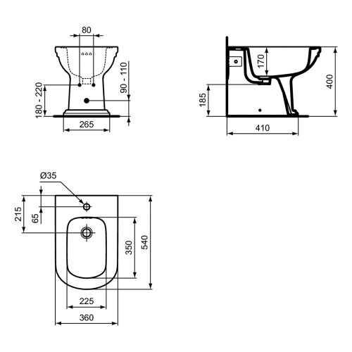 Immagine di Ideal Standard CALLA set sanitari a pavimento, vaso a filo parete, con sedile a discesa rallentata, bidet monoforo con troppopieno, colore bianco finitura lucido E222501+E222601+E251801