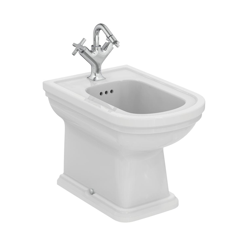 Immagine di Ideal Standard CALLA set sanitari a pavimento, vaso a filo parete, con sedile a discesa rallentata, bidet monoforo con troppopieno, colore bianco finitura lucido E222501+E222601+E251801