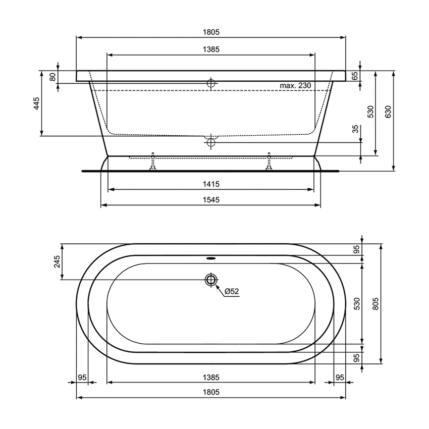 Immagine di Ideal Standard CALLA vasca centro stanza, con colonna di scarico e telaio, colore bianco finitura lucido T500401