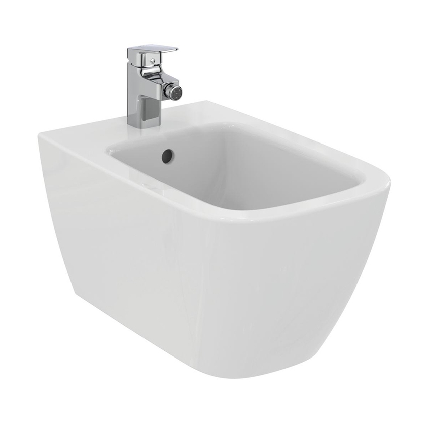 Immagine di Ideal Standard soluzione bagno completo, sanitari sospesi, lavabo 60 cm, vasca rettangolare 170x75, colore bianco finitura lucido, rubinetteria finitura cromo SING9