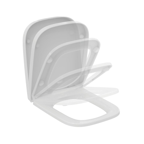 Immagine di Ideal Standard I.LIFE B set sanitari a terra, vaso filo parete senza brida, con sedile avvolgente a discesa rallentata, bidet monoforo con troppopieno, colore bianco finitura lucido T461601+T468301+T461701