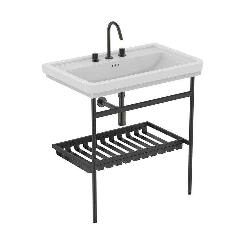 Immagine di Ideal Standard I.LIFE B struttura in metallo L.76 cm, a muro, colore nero finitura opaco, con lavabo CALLA L.87 cm, con troppopieno e 3 fori per rubinetteria, colore bianco, sifone per lavabo colore nero finitura opaco E2533XG+E368901+T4441XG
