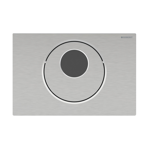 Immagine di Geberit SIGMA10 placca di comando per WC con azionamento elettronico del risciacquo, funzionamento a batteria, automatico, placca e tasto finitura spazzolato, anelli e design finitura lucido 115.891.SN.6