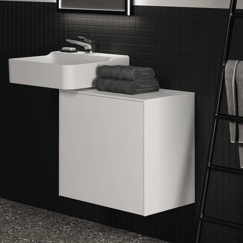 Ideal Standard soluzione bagno completo, sanitari sospesi, lavabo con  mobile 60 cm, doccia rettangolare 100x90 cm, colore bianco finitura lucido,  rubinetteria finitura oro SING2